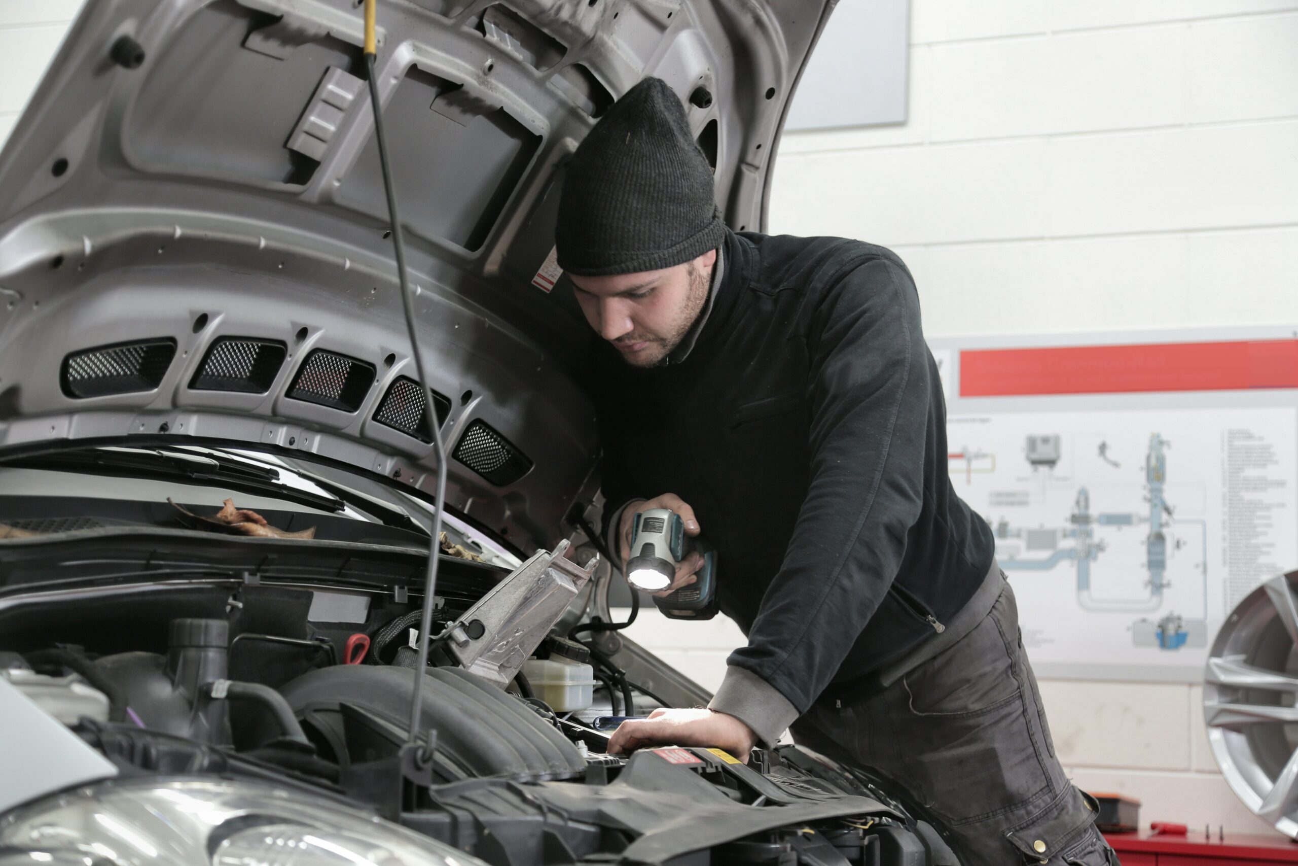 Man in Black Jacket and Black Knit Cap Inspecting Car Engine Repair